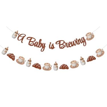 Imagem de Banner A Baby is Brewing - decoração de feijão de bebê Cafe Bebe, tema de café, chá de bebê, revelação de gênero, decorações de festa, glitter marrom