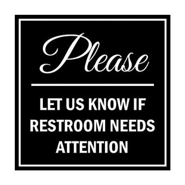 Imagem de Square Please Let Us Know If Restroom Needs Attention Sign with Adhesive Tape, Mounts On Any Surface, Resistente ao clima, uso interno/externo (preto) - Pequeno (pacote com 2)
