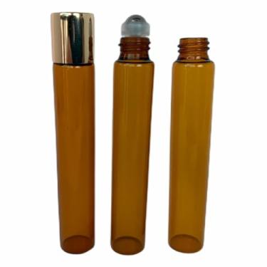 Imagem de Kit 10 Unidades - Frasco de Vidro Âmbar Roll-on, 10ml, Tampa Dourada