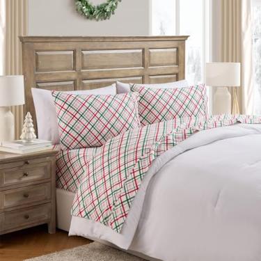 Imagem de Hallmark - Jogo de lençol de 3 peças de algodão escovado macio com fronha combinando (Joy to The World xadrez multi, solteiro)