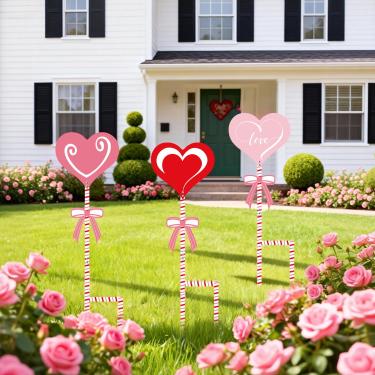 Imagem de 3 peças de 61 cm H placas de quintal dia dos namorados estacas de jardim de metal com formato de coração para pátio, gramado, vaso, caminho, passarela, aniversário, decoração de casamento