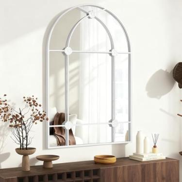 Imagem de WDSHIYI Espelho de metal arqueado branco, arco de espelho montado na parede, espelhos decorativos artísticos modernos para sala de estar, entrada, quarto, decoração de 61 x 91 cm