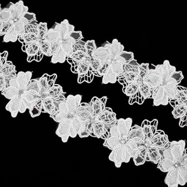 Imagem de 2 metros de contas de pérolas 3D, acabamento de renda de flor, aplique de flor de fita de renda branca, fita bordada branca para enfeite de vestido de casamento, decoração de vestido faça você mesmo