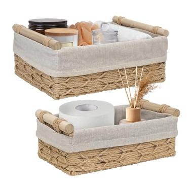 Imagem de Cestas de armazenamento de vime com alça de madeira, caixas organizadoras de corda de papel decorativas para casa, banheiro ou bancada, cestas pequenas conjunto de 2 (bege)