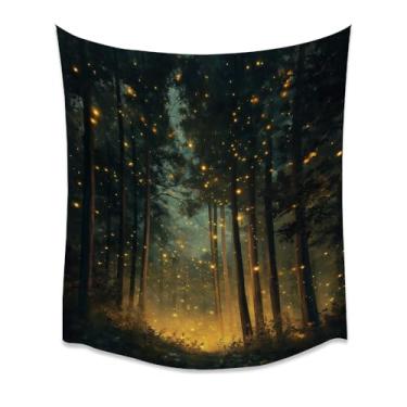 Imagem de Tapeçaria de floresta de vaga-lume encantado, madeiras enevoadas, brilho para pendurar na parede, cenário natural, noite temperamental, estética, quarto, sala de estar, cabine, dormitório, apartamento