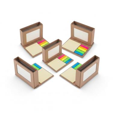 Imagem de Bloco de Notas Adesivas com Porta-Canetas e Porta-Retrato, Papelão Reciclado, Mini, Capa Dura, 5 Cores, 25 Folhas por Bloco, Retangular (5, Marrom)