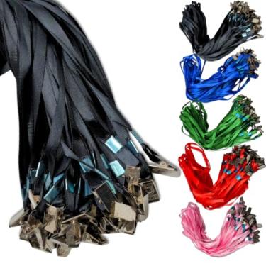 Imagem de 100 Cordões Porta Crachá Clips Garra Jacaré Suporte Poliéster (preto)