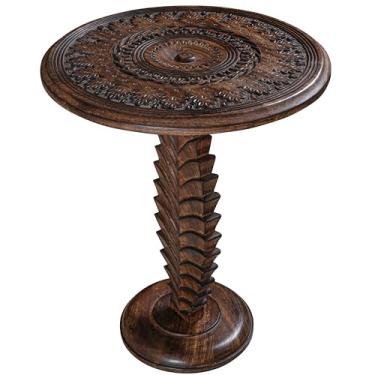 Imagem de Mesas laterais redondas – pequena mesa de bebida para espaços pequenos, mesa de cabeceira moderna com tampo esculpido à mão e mesas de madeira maciça para sala de estar, quarto, escritório