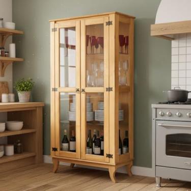 Imagem de Cristaleira estilo vintage em madeira maciça com portas de vidro e prateleiras resistentes, ideal para transformar sua sala de jantar em um ambiente refinado