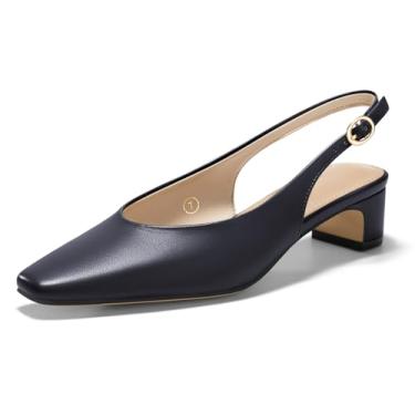 Imagem de Coutgo Sapato social feminino de salto baixo grosso fechado bico quadrado para trabalho e escritório, Azul marino, 41
