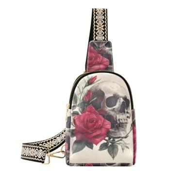 Imagem de CEBUGI Bolsa tiracolo feminina crânio rosa pequena bolsa tiracolo de couro bolsa de peito para caminhadas, viagens ao ar livre