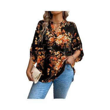 Imagem de Blusa Feminina plus Size Com Decote Em V E Manga Longa Casual Elegante