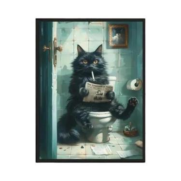 Imagem de Gato Preto Filhote Fazendo Cocô No Banheiro Leitura De Jornal Pôster A