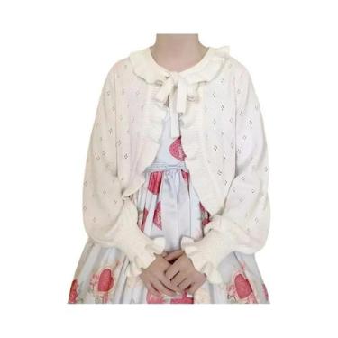 Imagem de Cardigan De Tricô Cropped Com Renda Em Coração Kawaii Lolita Estilo Vi