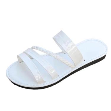 Imagem de Sandálias rasteiras femininas de uma tira, design casual confortável para o verão, praia e uso interno e externo, disponível em vários acessórios, Branco, 38