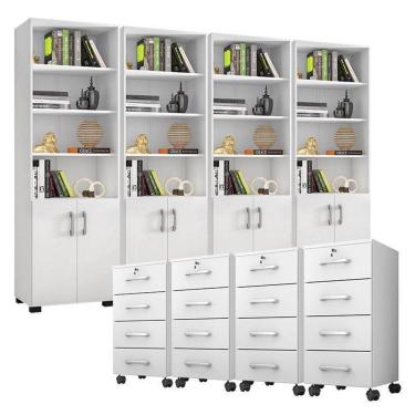 Imagem de Kit 4 Gaveteiros Para Escritório Gávea Com Chave E 4 Livreiros Office Portas Pequenas Branco Fosco – Móveis Leão