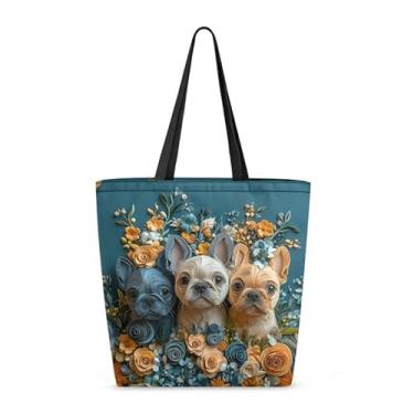 Imagem de Jolamirel Bolsa de compras reutilizável feminina grande casual, bolsa de compras dobrável de lona para mantimentos, Buldogue francês floral, One Size