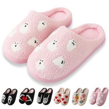 Imagem de Zuiyisu Chinelos de Halloween para mulheres e homens, chinelos macios de pelúcia felpuda para férias de inverno, chinelos retrô aconchegantes para casa, chinelos confortáveis de Natal para uso interno