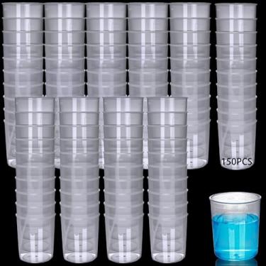 Imagem de 150 peças de copos graduados de plástico graduados de 100 ml, copos medidores descartáveis transparentes para experimento de pigmento líquido de laboratório, tinta epóxi, mistura de óleos essenciais