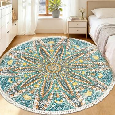 Imagem de Lacomfy Tapete redondo, 1,5 m, boêmio, floral, casa de fazenda, grande, círculo infantil, tapete decorativo antiderrapante com borlas, tapete de entrada lavável, tapete de corredor, verde