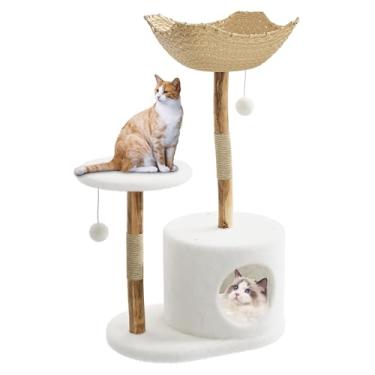 Imagem de Takywep Árvore de gato moderna de madeira maciça com condomínio e postes de arranhar, móveis de torre de vários níveis para gatos internos, poleiro estético boho chique e casa de brinquedo
