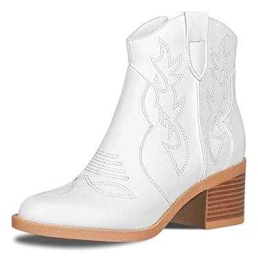 Imagem de PIZZ ANNU Botas femininas bordadas caubói ocidental cowgirl bico redondo botas curtas moda feminina retrô botas clássicas salto grosso, Branco, 39
