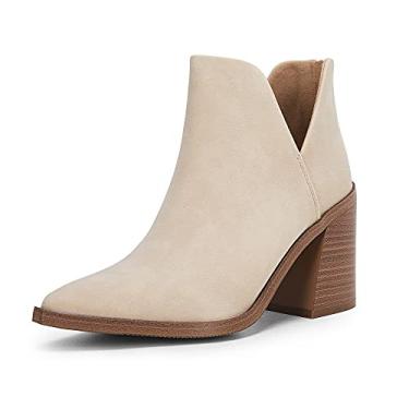 Imagem de FISACE Botas femininas de salto médio empilhadas com bico fino e zíper em couro sintético, Nobuck damasco, 9.5