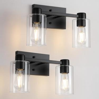 Imagem de Sheenkarion Pacote com 2 luminárias de banheiro preto fosco, 2 luzes de banheiro com sombra de vidro transparente, arandelas de parede de fazenda moderna para quarto, armário sobre espelho, cozinha