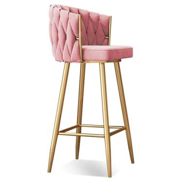 Imagem de Banquetas de bar giratórias modernas de 360°, cadeiras de cozinha estofadas de altura de bar com pernas de aço e apoio para os pés, perna dourada rosa, 1 peça