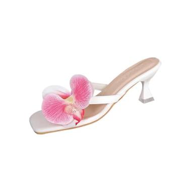 Imagem de Sandália feminina com detalhe floral com bico quadrado e salto fino para uso casual primavera verão, Branco, 38