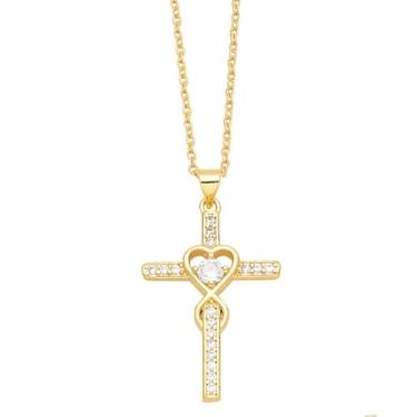 Imagem de Dtja Colar feminino com pingente infinito de coração de cruz de cristal banhado a ouro 14 K, corrente gargantilha de aço inoxidável ajustável, moda delicada, presente de aniversário e casamento, 45,7