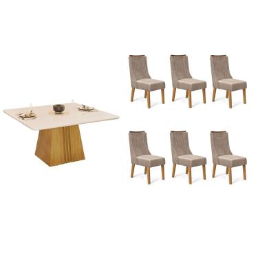 Imagem de Conjunto: Mesa Sala Jantar Itália c/ Tampo Madeirado c/ Vidro Curvo 136x136cm e 6 Cadeiras Jade Cedro/Off White - Suede Kraft - DJ Móveis