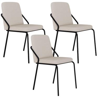 Imagem de Kit 03 Cadeiras Estofada Para Sala De Jantar Loft Preto C01 Linho Areia - Lyam Decor