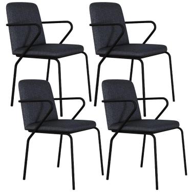 Imagem de Kit 04 Cadeiras Estofada Para Sala De Jantar Com Braço Loft Preto C01 Linho Grafite - Lyam Decor