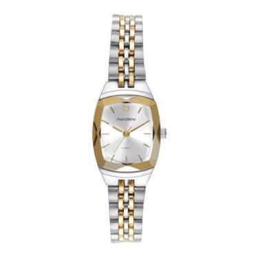 Imagem de Relogio Mondaine Feminino pequeno quadrado dourado prata bicolor retan