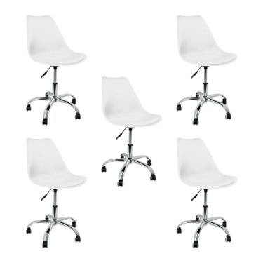 Imagem de Kit 5 Cadeiras Leda Office Luisa Saarinen Estofada Base Giratória Cromada - Branca