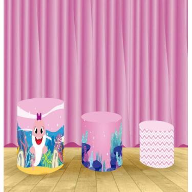 Imagem de Capa Para Trio De Mesas Cilindro Baby Shark Menina Kit 3 Capas - Fanta