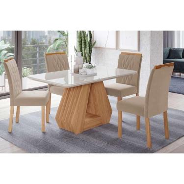 Imagem de Conjunto Mesa De Cozinha ágata Tampo Madeirado Com Vidro 130x80cm E 4 Cadeiras Juliana Madeirado Linho Bege Cimol