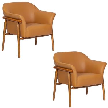 Imagem de Kit 02 Poltronas Luna Base Madeira Castanho Corano Caramelo - Nexta Casa