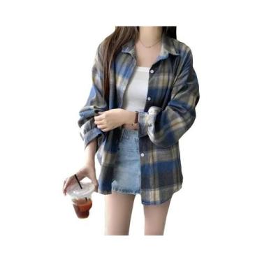 Imagem de Camisa Jaqueta Feminina Oversized Xadrez Tartan Manga Longa Com Botões