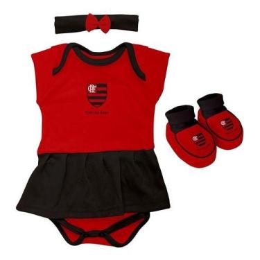 Imagem de Body Flamengo Bebe + Pantufa + Lacinho Menina Oficial - Vermelho-Preto