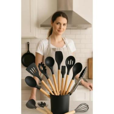 Imagem de 2x Kit 12 Utensílios Cozinha Silicone Premium Madeira Antiad - Congrat