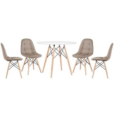 Imagem de Loft7, Kit - Mesa redonda Eames 90 cm branco + 4 cadeiras estofadas Eiffel Botonê Nude