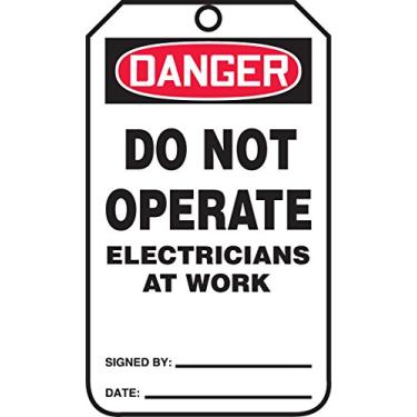 Imagem de Accuform Etiqueta de segurança MDT204PTP RP-Plástica, legenda "DANGER Do Not OPERATE ELECTRICIANS at Work", 14,6 cm de comprimento x 8,3 cm de largura x 0 cm de espessura, vermelho/preto sobre branco