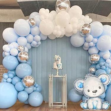 Imagem de Kit de guirlanda de balões azul bebê – 114 peças de arco de balão azul macaron prateado com azul claro fosco, azul celeste e balão branco, para meninos, aniversário, casamento, elefante, decoração de festa de chá de bebê