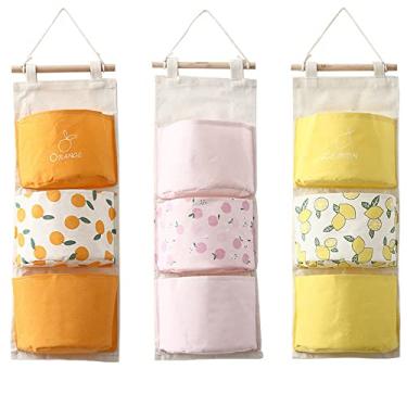 Imagem de Bolsa de armazenamento para pendurar no armário de parede, organizador KINGREE de tecido de linho premium sobre a porta, bolsas de armazenamento penduradas com 3 bolsos para banheiro do quarto - à prova d'água e elegante (frutas)
