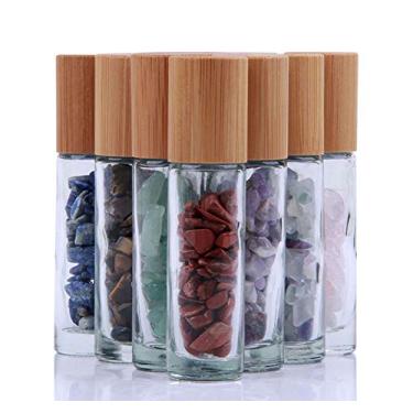 Imagem de Frasco roll-on de 10 ml para óleos essenciais, pacote com 10 frascos de vidro transparente com bolas de cristal natural, tampa de bambu, frascos de óleo essencial de vidro grosso - lascas de cristal dentro