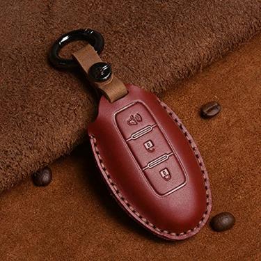 Imagem de YJADHU Capa de chave de carro de couro, apto para Infiniti EX35 FX35 FX50 M56 G35 G37 JX35 QX50 QX60 QX80 chaveiro Nissan capa de bolsa, 3 botões vermelhos