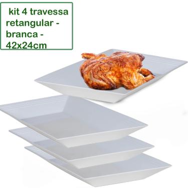 Imagem de Kit 4 Travessa Saladeira Petisqueira Retangular Le Chef Branca Plástico 42X24X4CM