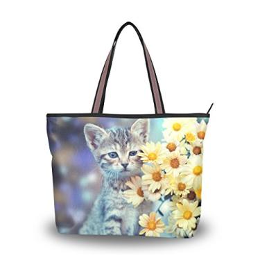 Imagem de ColourLife Bolsa feminina com alça superior e flores de gato, bolsa de ombro, Multicolorido., Medium
